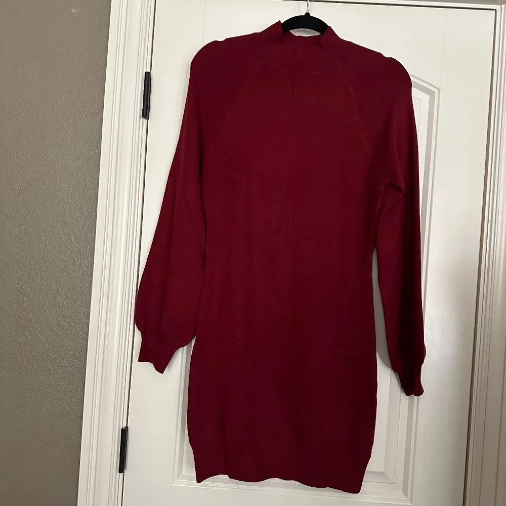 NWOT Women's Puff Sleeve Mock Neck Bodycon Sweater Dress - Sz M - Picture 3 of 10